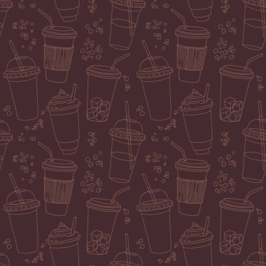 Kahve fincanlarıyla el çizimi, pipetlerle çeşitli şekillerde. Koyu tekrarlanabilir arkaplan.