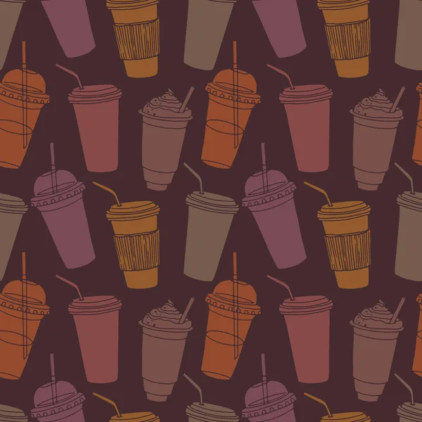 Kahve fincanlarıyla el çizimi, pipetlerle çeşitli şekillerde. Koyu tekrarlanabilir arkaplan.