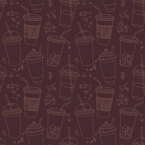 Kahve fincanlarıyla el çizimi, pipetlerle çeşitli şekillerde. Koyu tekrarlanabilir arkaplan.