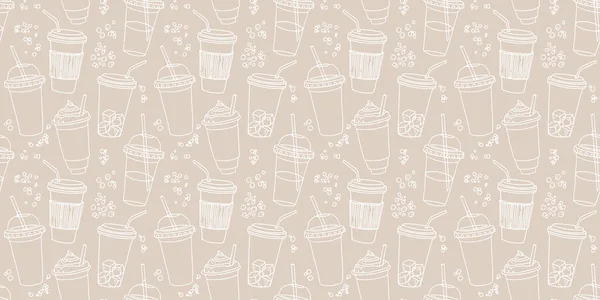 Kahve fincanlarıyla el çizimi, pipetlerle çeşitli şekillerde. Bej ve beyaz doğrusal komik arkaplan.