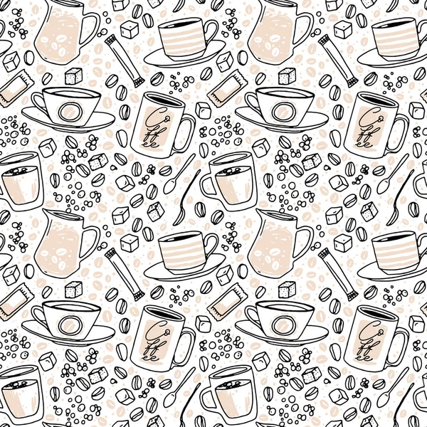 Vector hand drawn seamless pattern. Various cups sketch style drawn background with sugar, spoons, bubbles and coffee beans. Hand drawn linear graphic backdrop. — Stock Vector