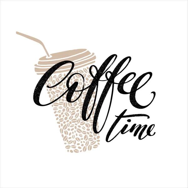 Hora del café palabras escritas a mano con granos de café para ir taza con paja. Lettering café concepto gráfico. — Vector de stock