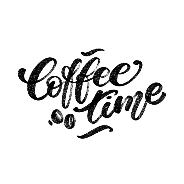 Hora del café palabras escritas a mano con granos de café para ir taza con paja. Lettering café concepto gráfico. — Vector de stock