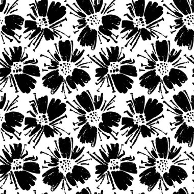 Mürekkep çizim vahşi bitkiler, otlar ve çiçekler, çiçek öğeleri, tek renkli botanik illüstrasyon vektör seamless modeli çizilmiş yinelenebilir arka plan ver. Sanatsal zemin.