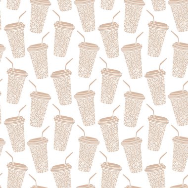 İçinde pipet ve kahve çekirdekleri olan bardaklara gitmek için kusursuz kahve kalıpları. Bej ve beyaz tekrarlanabilir arkaplan.