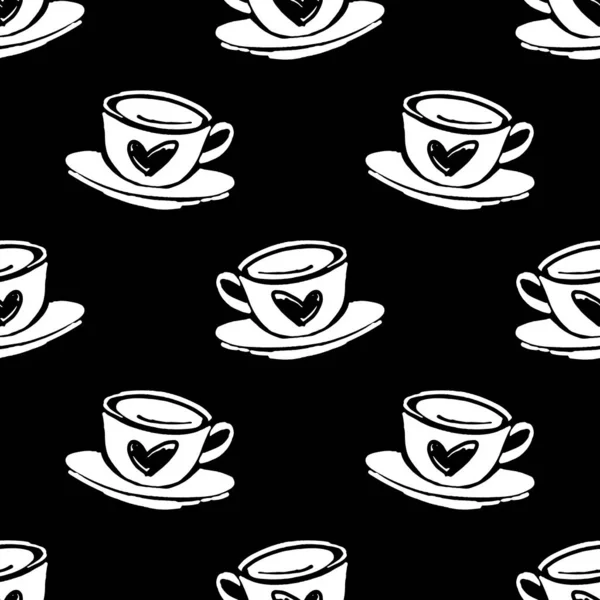 Patten sin costura vectorial con taza dibujada a mano de café o taza de té y corazones. Fondo monocromo simple. — Vector de stock