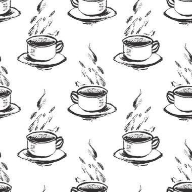 Çizim stili el yapımı kahve fincanı ya da buharlı çay eşliğinde vektörsüz desen. Basit tek renkli arkaplan.
