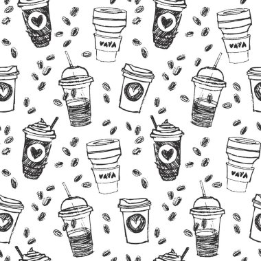 Elle çizilmiş taslak, kusursuz desenli kahve bardaklarını doldurmak için çeşitli şekillerde pipetler ve kalpler. Tek renkli vektör arkaplanı.