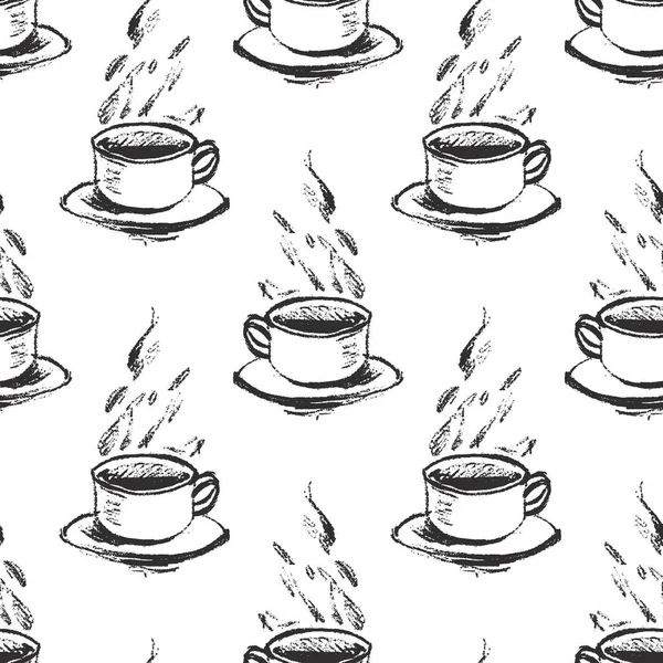 Patrón sin costura vectorial con el estilo de boceto dibujado a mano tazas de café o té con vapor. Fondo monocromo simple. — Vector de stock