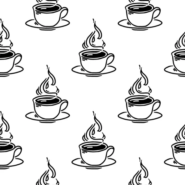 Patrón sin costura vectorial con tazas de café o té lineales dibujadas a mano con vapor. Fondo monocromo simple. — Vector de stock