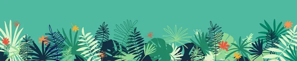 Векторный Тропический Горизонтальный Баннер Копировальным Пространством Цветочный Фон Различными Пальмовыми — стоковый вектор