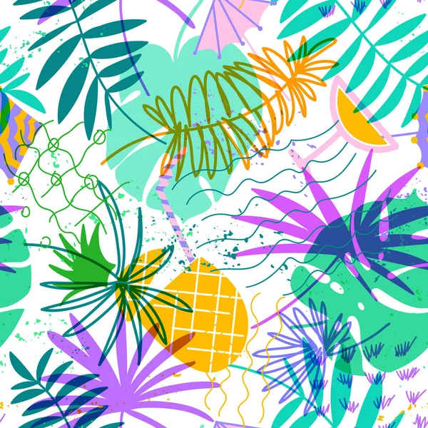 Vector Seamless Pattern Floral Hand Drawn Elements Bright Color Tropical — Stock Vector