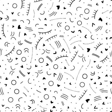 Yumuşak doğrusal ve kalp şeklindeki vektörsüz desen şeffaf arkaplanda siyah renk elementleri. Kız minimalist arkaplan