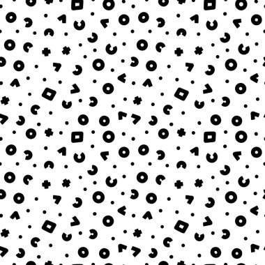 Beyaz zemin üzerinde siyah el çizilmiş üçgenler, cicrles ve kareler olan vektörsüz desen. Kusursuz desen tekstil, duvar kağıdı, ambalaj kağıdı ve ağ için kullanılabilir.