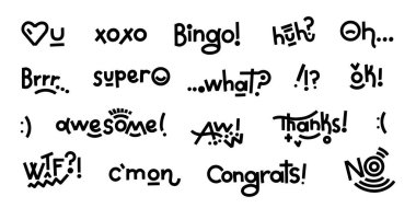Exclamations oh, huh, aww, wtf and other words such as congrats, awesome, super as a collection. Modern bold lettering with geometric elements. Vector funny words for stickers, posters, social media clipart