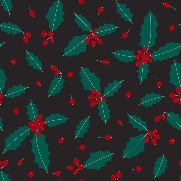 スタイル化されたホリーの葉と果実と冬のシームレスなパターン クリスマス休暇のためのベクトルの背景 — ストックベクタ