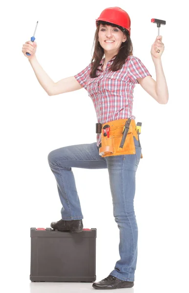 Builder woman with tools on white background — Stock Photo, Image