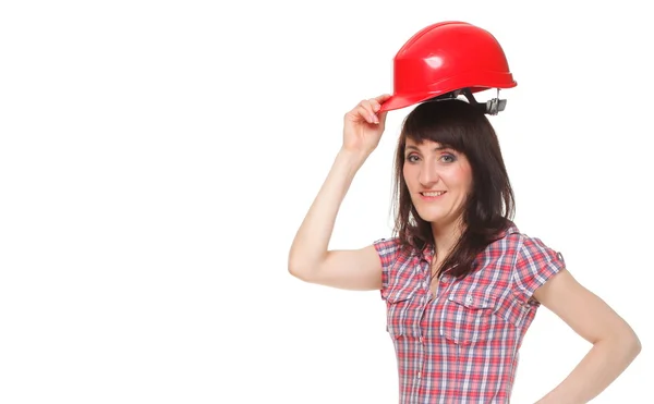 Mulher segurando capacete vermelho — Fotografia de Stock