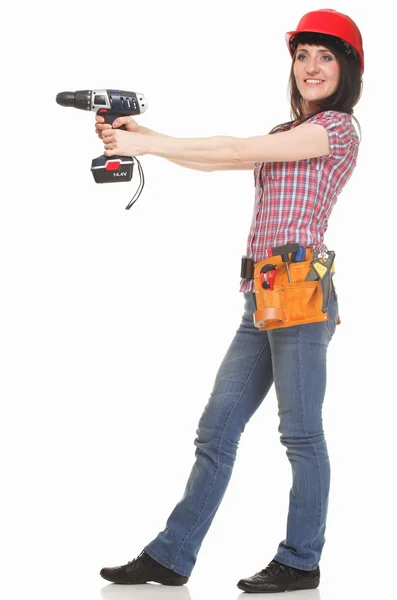 Vrouw met elektrische schroevendraaier in handen — Stockfoto