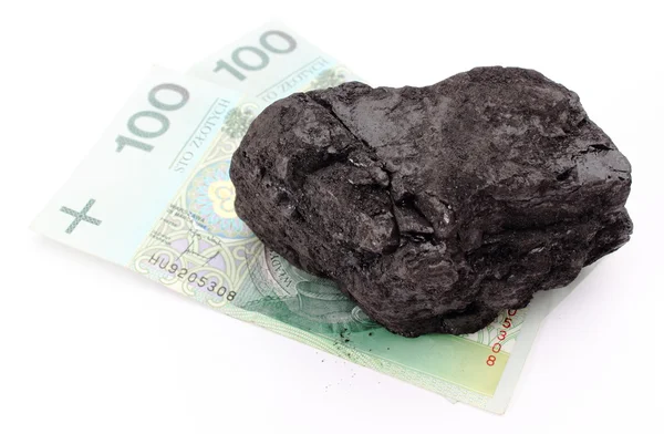 Coal lump with money on white background — Stock Photo, Image