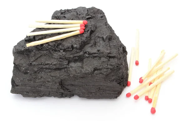 Coal lump with matches on white background — Stock Photo, Image