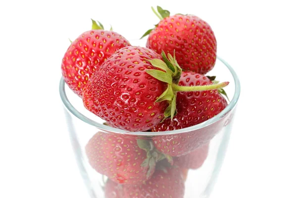 Fresh strawberries and glass isolated on white — Stock Photo, Image