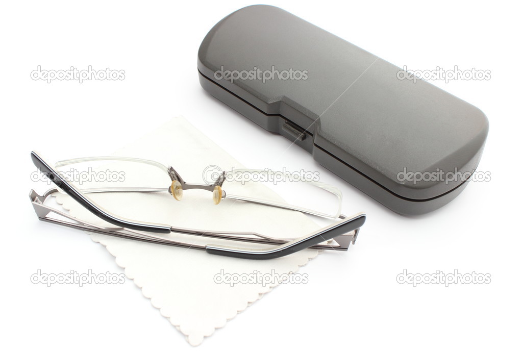 Glasses, cleaning cloth and case on a white background