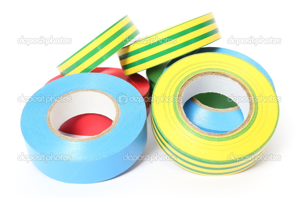 Multicolored insulating tapes on white background 