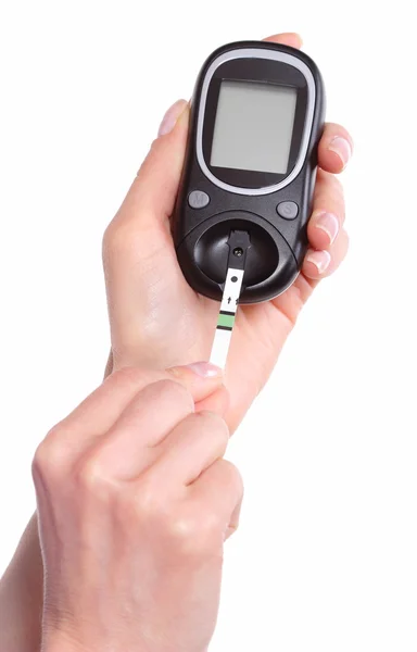 포도 당 테스트 및 혈당 측정기 스트립의 근접 촬영 — 스톡 사진