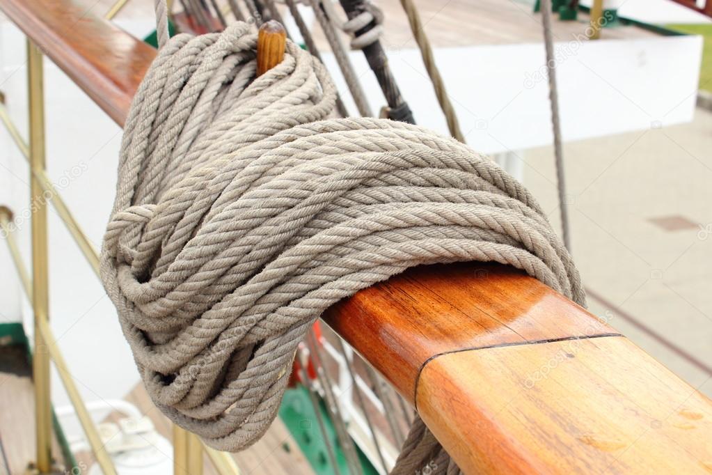 Closeup of thick ropes on sailboat