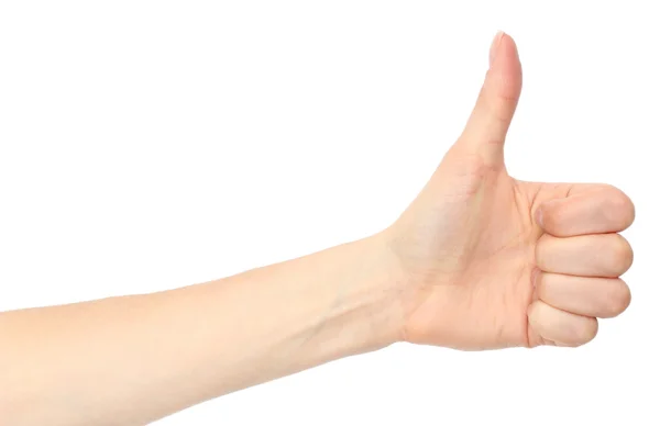 Hand of woman showing thumbs up on white background — Stock Photo, Image