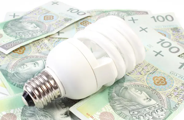 White energy saving bulb lying on heap of paper money — Stock Photo, Image