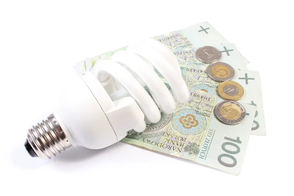 Bombilla blanca de ahorro de energía que yace en un montón de papel moneda — Foto de Stock