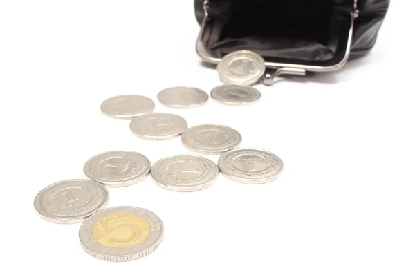 Mynt med svart läder handväska. vit bakgrund — Stockfoto