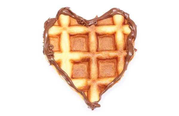 Heart shaped waffles with chocolate cream isolated on white background — Stock Photo, Image