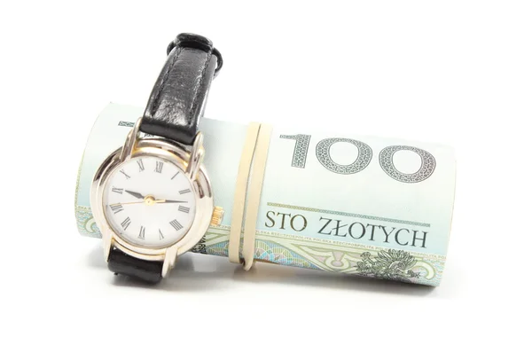 Wristwatch and roll of tied banknotes. White background — Stock Photo, Image