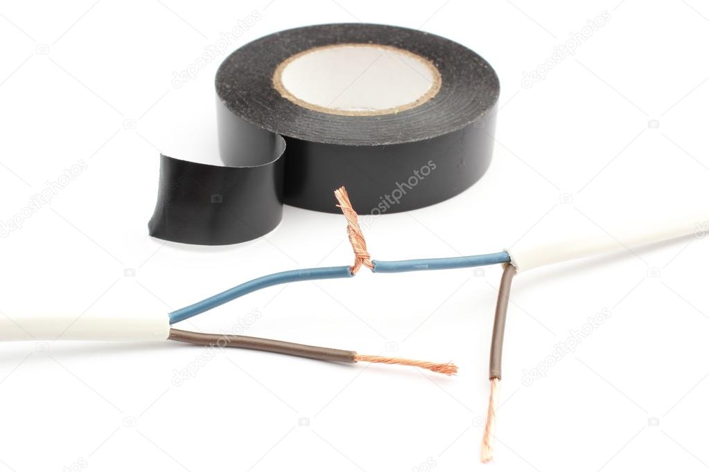 Repair of electrical cable using insulating tape. Isolated on white