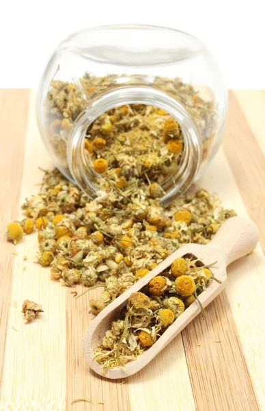 Dried chamomile in glass jar and on wooden spoon — Stock Photo, Image