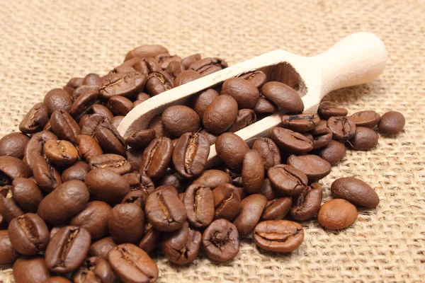 Högen av kaffe på trä sked — Stockfoto