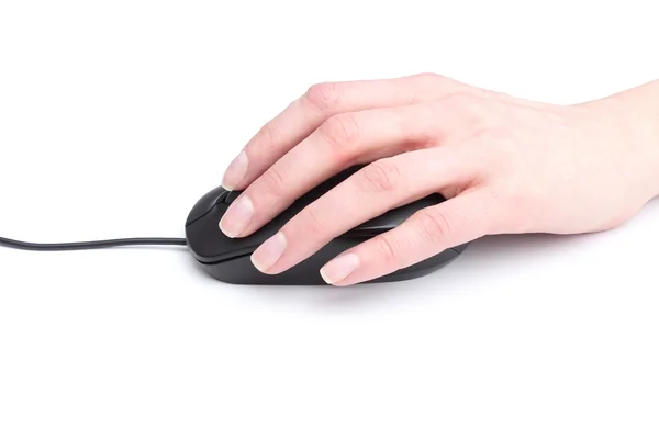 Closeup computer mouse and hand on white background — Stock Photo, Image