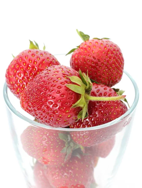 Fresh strawberries and glass isolated on white — Stock Photo, Image