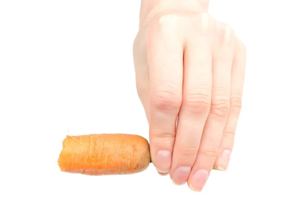 Hand with orange carrots on white background — Stock Photo, Image