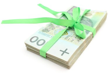 banknot izole beyaz zemin üzerine yeşil şerit ile yığını