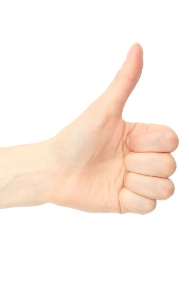 Hand of woman showing thumbs up on white background — Stock Photo, Image