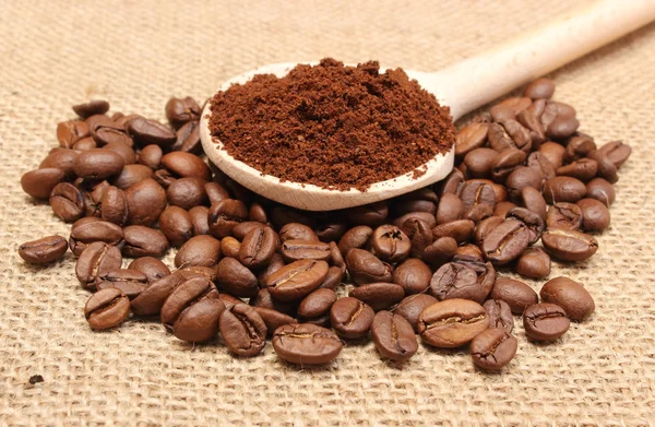 Ground coffee on wooden scoop and grains coffee