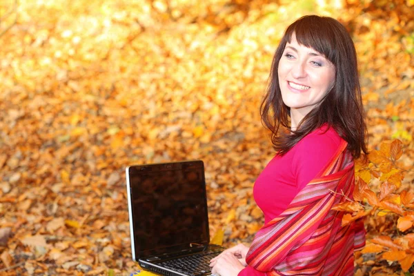 Mujer sonriente con portátil en el parque de otoño —  Fotos de Stock