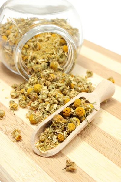 Dried chamomile in glass jar and on wooden spoon — Stock Photo, Image