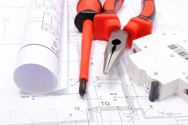 Electrical diagrams, electric fuse and work tools on construction drawing of house — Stock Photo, Image