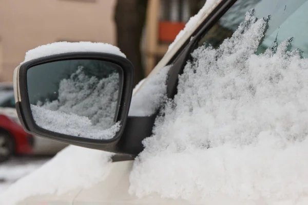 Parabrezza Auto Neve Coperta Specchi Problemi Invernali Nel Trasporto — Foto Stock