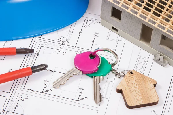 Home Keys Electrical Construction Diagrams Blueprint Small House Construction Building — Stock Photo, Image